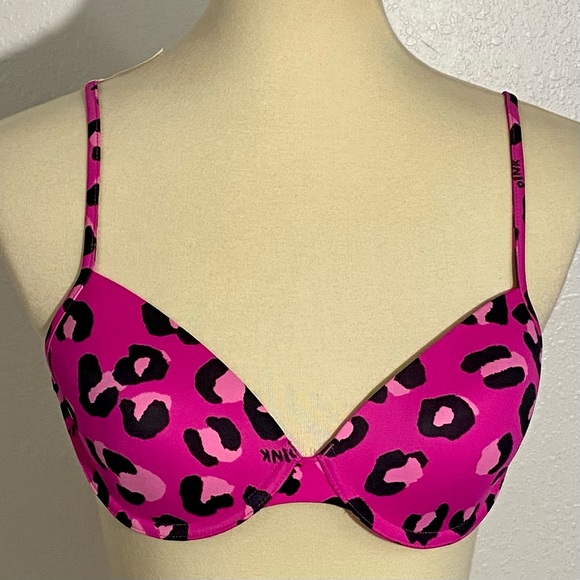 2 PINK Victoria’s Secret T Shirt Demi Bras Size 34C Pink Leopard Print & Gray - Picture 2 of 13